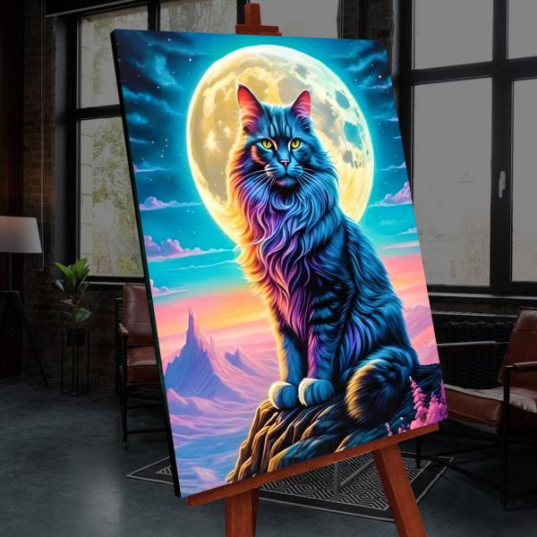 Картина по номерам 40*50 со светящейся краской "КОСМИЧЕСКАЯ КОШКА"  (22 цвета)