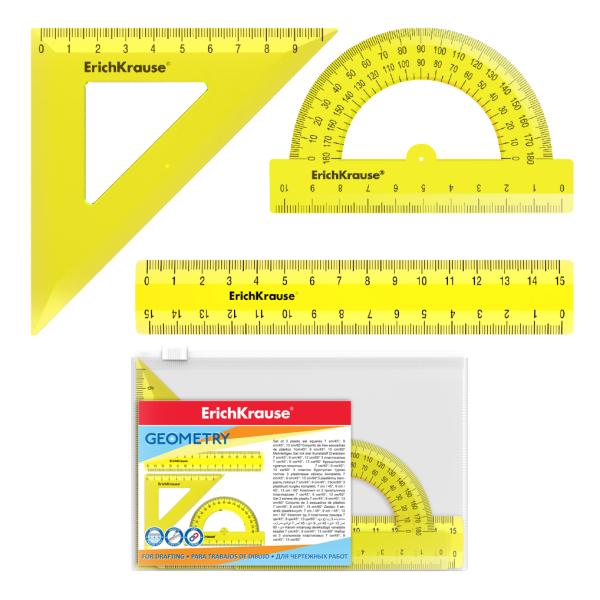 Набор геометрический малый пластиковый ErichKrause Neon, (линейка, угольник, транспортир), желтый 
