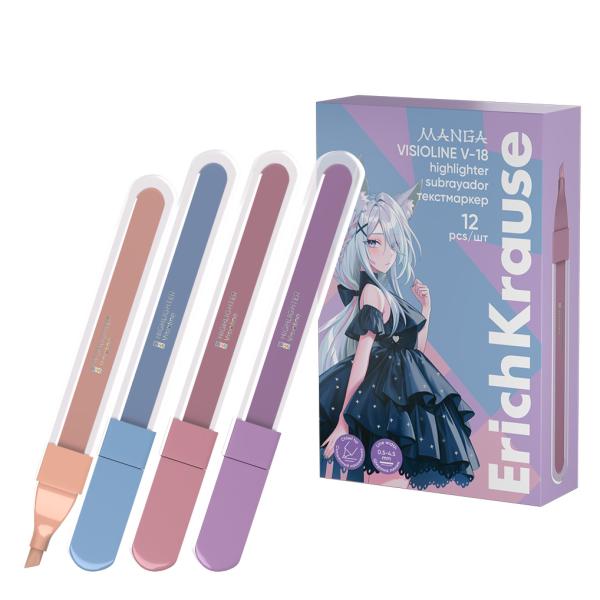 Маркер-текстовыделитель ErichKrause Visioline V-18 Manga, фиолетовый, розовый, бежевый, голубой (в к