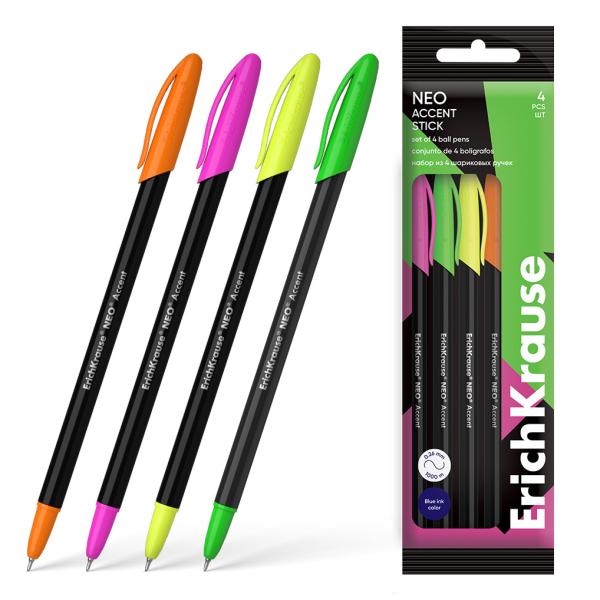 Набор из 4 ручек шариковых ErichKrause Neo® Stick Accent 0.7, Super Glide Technology, цвет чернил си