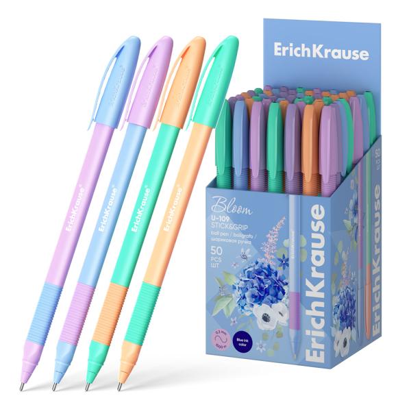 Ручка шариковая ErichKrause U-109 Stick&Grip Pastel Bloom 1.0, Ultra Glide Technology, СИНЯЯ