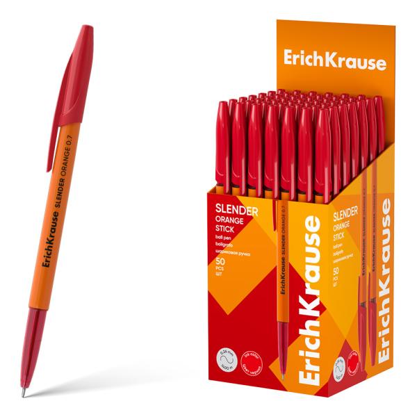 Ручка шариковая ErichKrause Slender Stick Orange 0.7, Super Glide Technology, цвет чернил красный (в