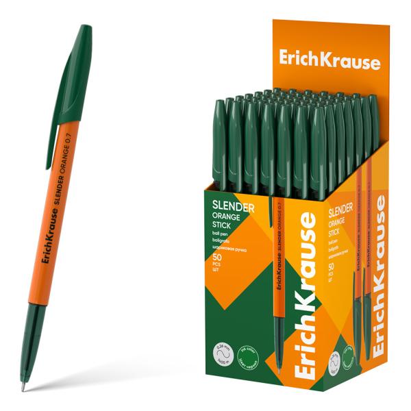 Ручка шариковая ErichKrause Slender Stick Orange 0.7, Super Glide Technology, цвет чернил зеленый (в