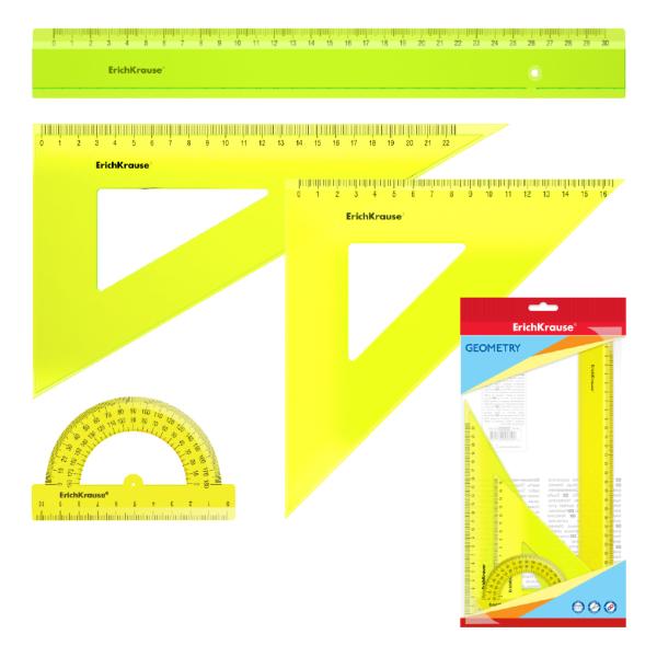 Набор геометрический большой пластиковый ErichKrause Neon, (линейка, 2 угольника, транспортир), желт