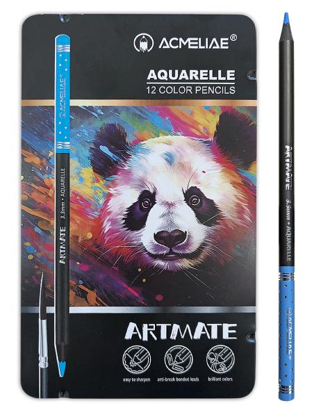 Карандаши 12 цв. акварельные ACMELIAE Blackwood +кисточка, металл футляр